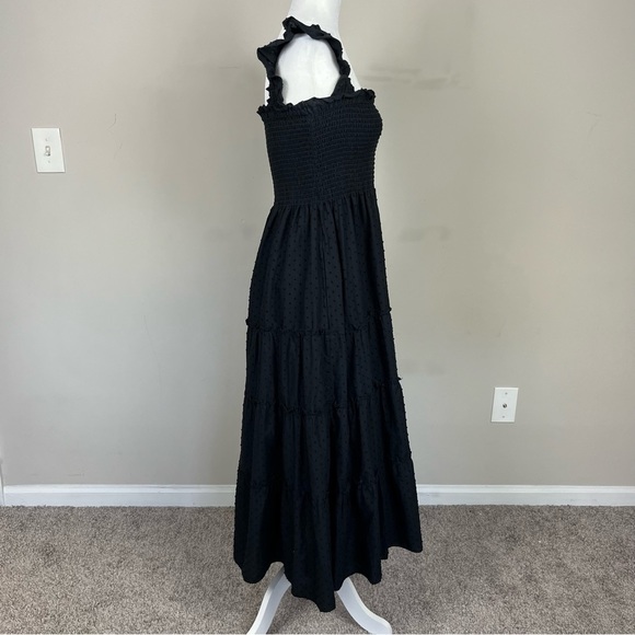 CAARA CALYPSO TIERED MIDI SUNDRESS SMOCKED BODICE FLUTTER STRAPS BLACK LARGE - Picture 6 of 15